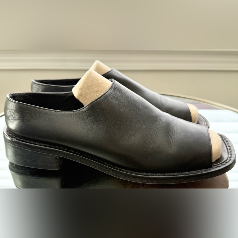 Vic Matie Black Leather Slip On Open-Toe Loafers